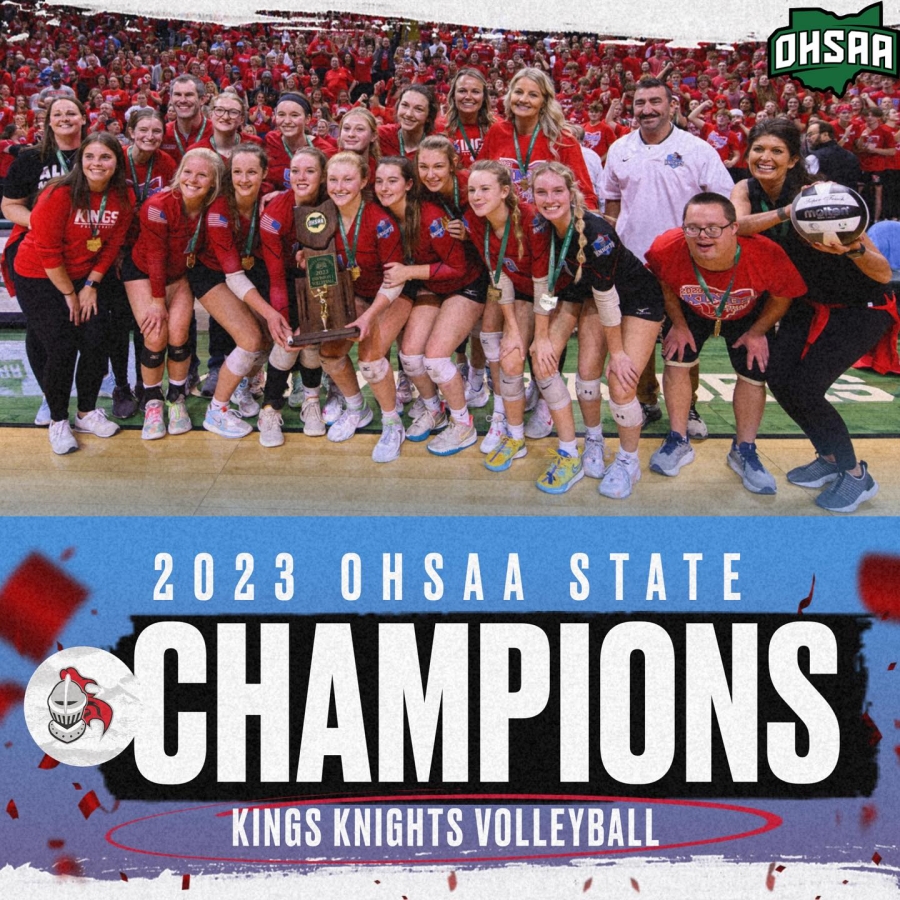 Kings volleyball state champions posing with their trophy